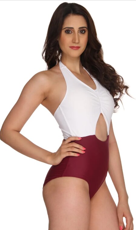WINE AND WHITE CENTRE CUT OUT SWIMSUIT (M)